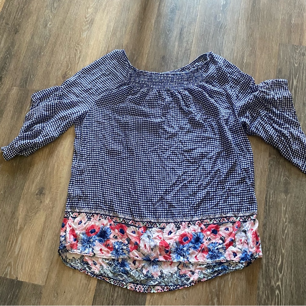 Terra & Sky Blouse Womens Sz OX 14‎ W Floral Western Blue White Floral Smocked